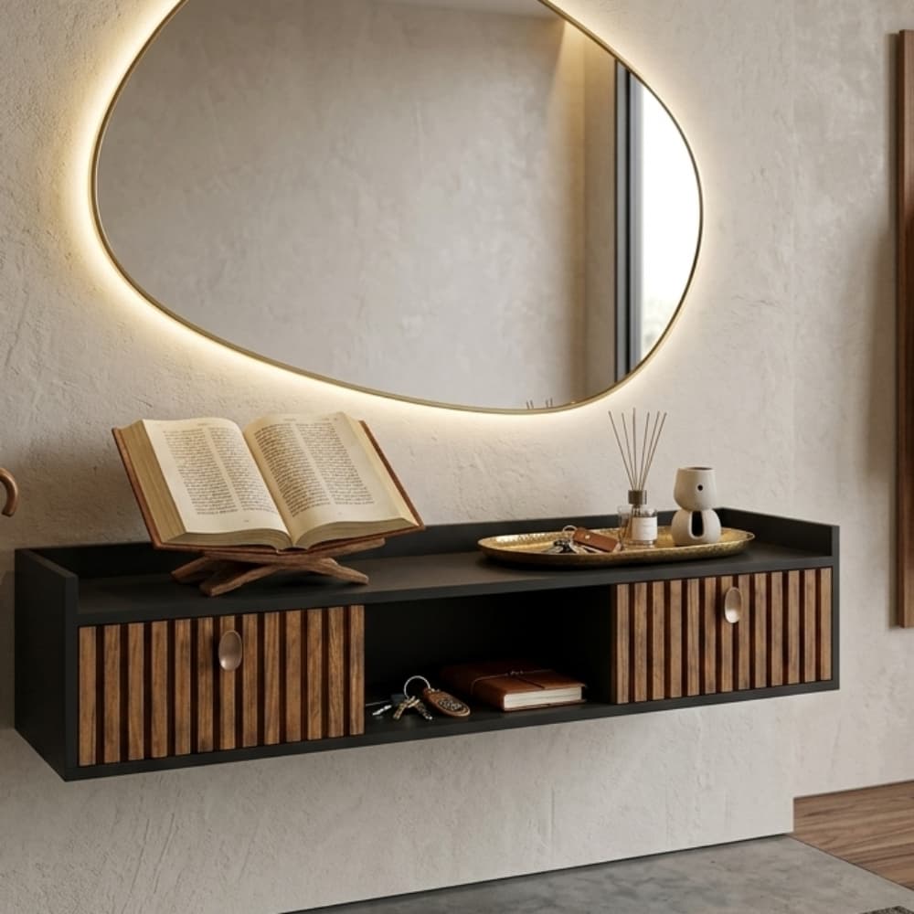 Aparador Suspenso Life VEGAS Sala Quarto Tv  90cm Home Decoração 2 Porta Rack Preto RIPADO Penteadeira