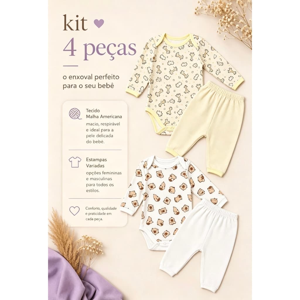 Body de Bebe Estampado e Mijão Manga Longa 4 Peças/2 Conjuntos Inverno
