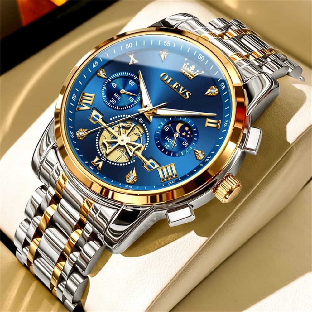 OLEVS Relógio Masculino Esportivo à Prova D'Água - Cronógrafo + Calendário | Pulseira em Aço Inox Azul Fosco | 2856