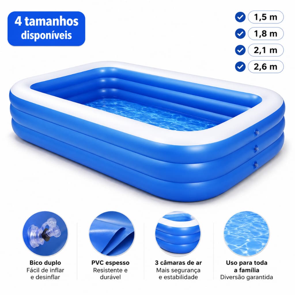 Piscina Inflável Familiar Retangular 1,5/1,8/2,1/2,6m PVC Reforçado 3 Câmaras Azul Resistente Verão