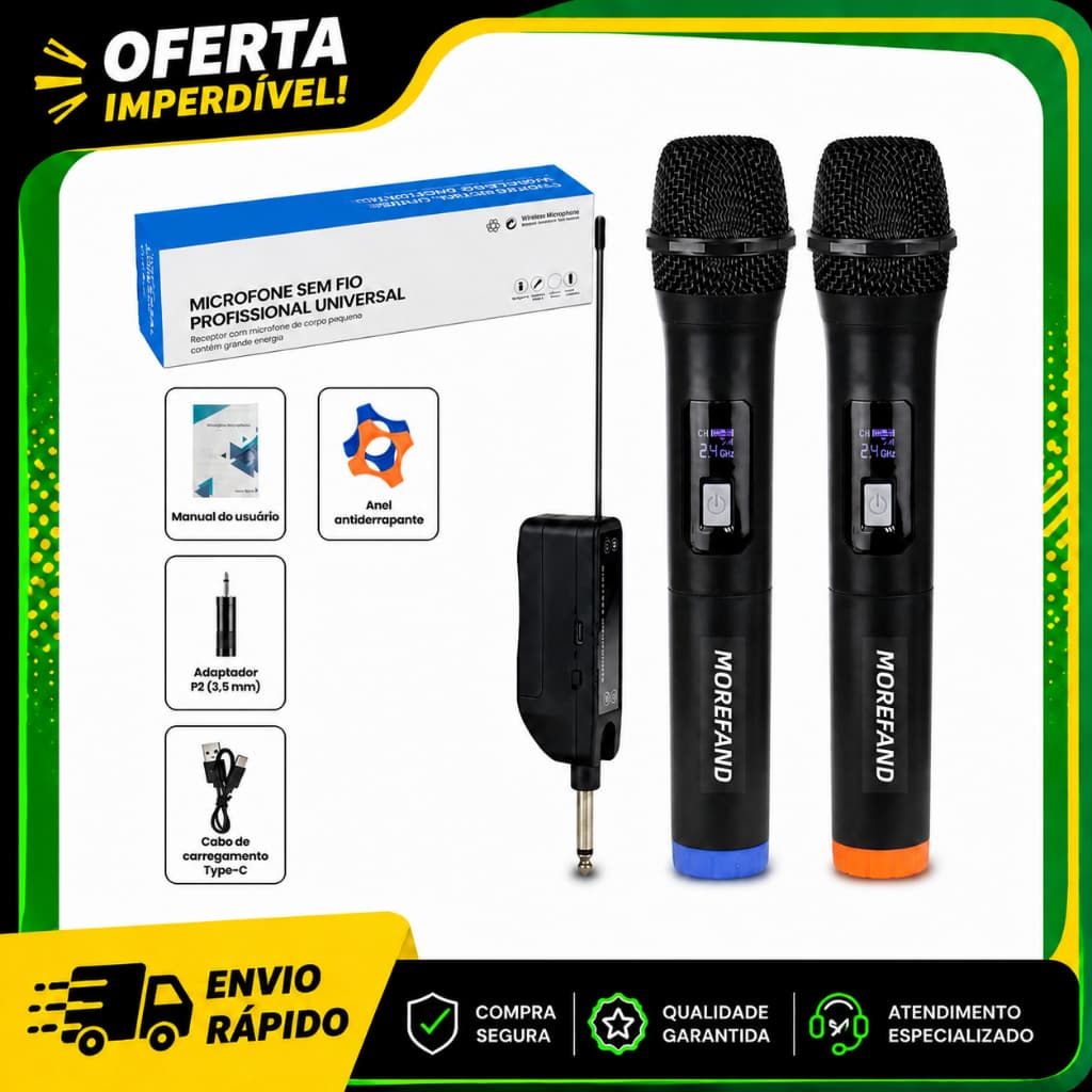 Microfone Sem Fio Duplo UHF Dinâmico para Karaokê Festa Live, Alcance 30m Baixa Latência Plug&Play, Sem Pilhas Inclusas