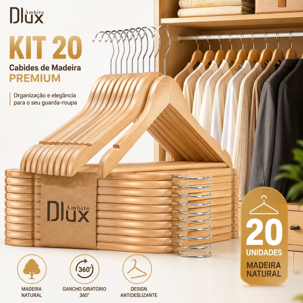 Ambito Dlux Kit 20 Cabide De Madeira Madeira Natural Premium Organizador De Armário Gancho Giratório