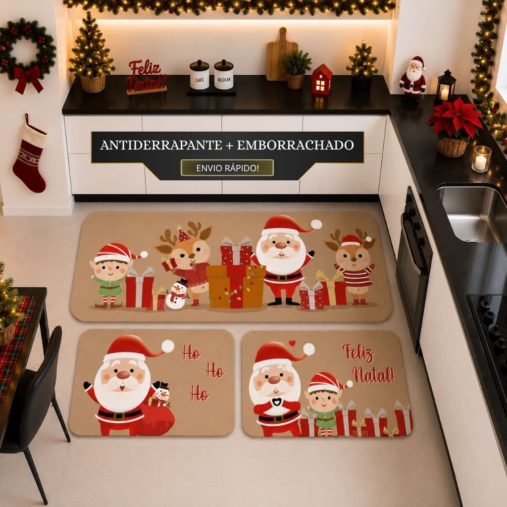 Tapetes de Cozinha 3 Peças Natalino Natal Noel e Ajudantes Antiderrapante.