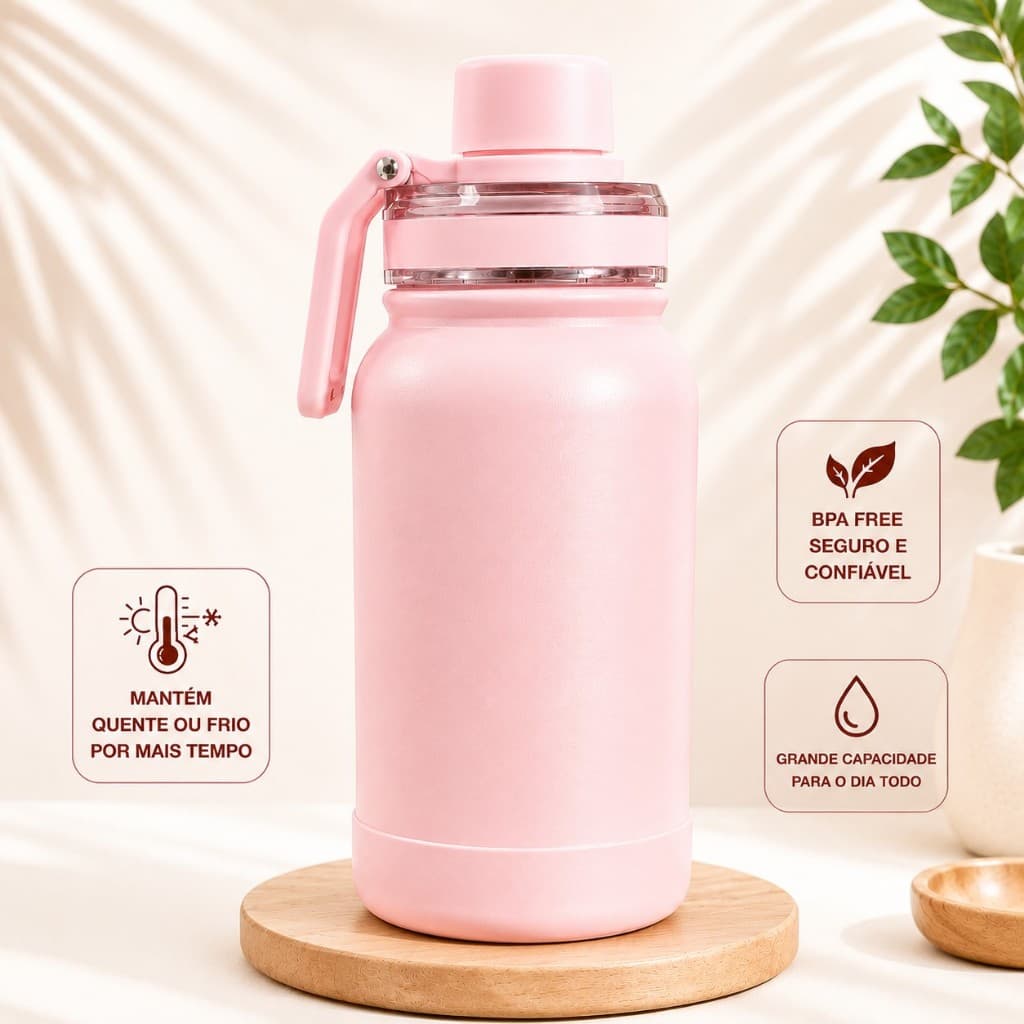 Garrafa Térmica Inox 304 600ml ou 800ml com Alça Portátil Parede Dupla a Vácuo Conserva Quente e Frio