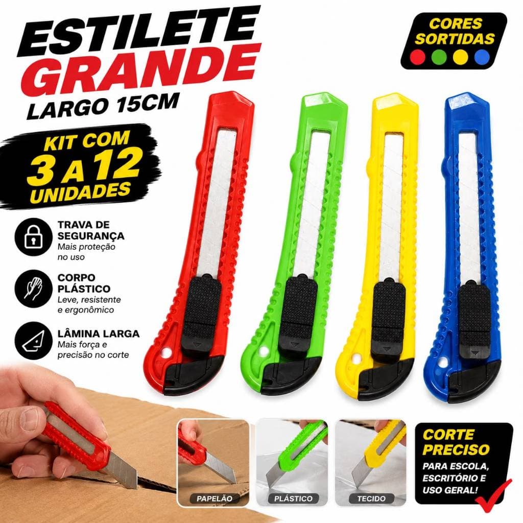 Kit 3 a 12 Estilete Grande Plástico Largo 15CM Escolar Escritório