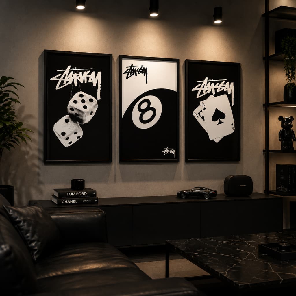 Quadros Decorativos Jogos Preto e Branco Sala Quarto Casa Bola Sinuca Dados Cartas Kit 3 peças