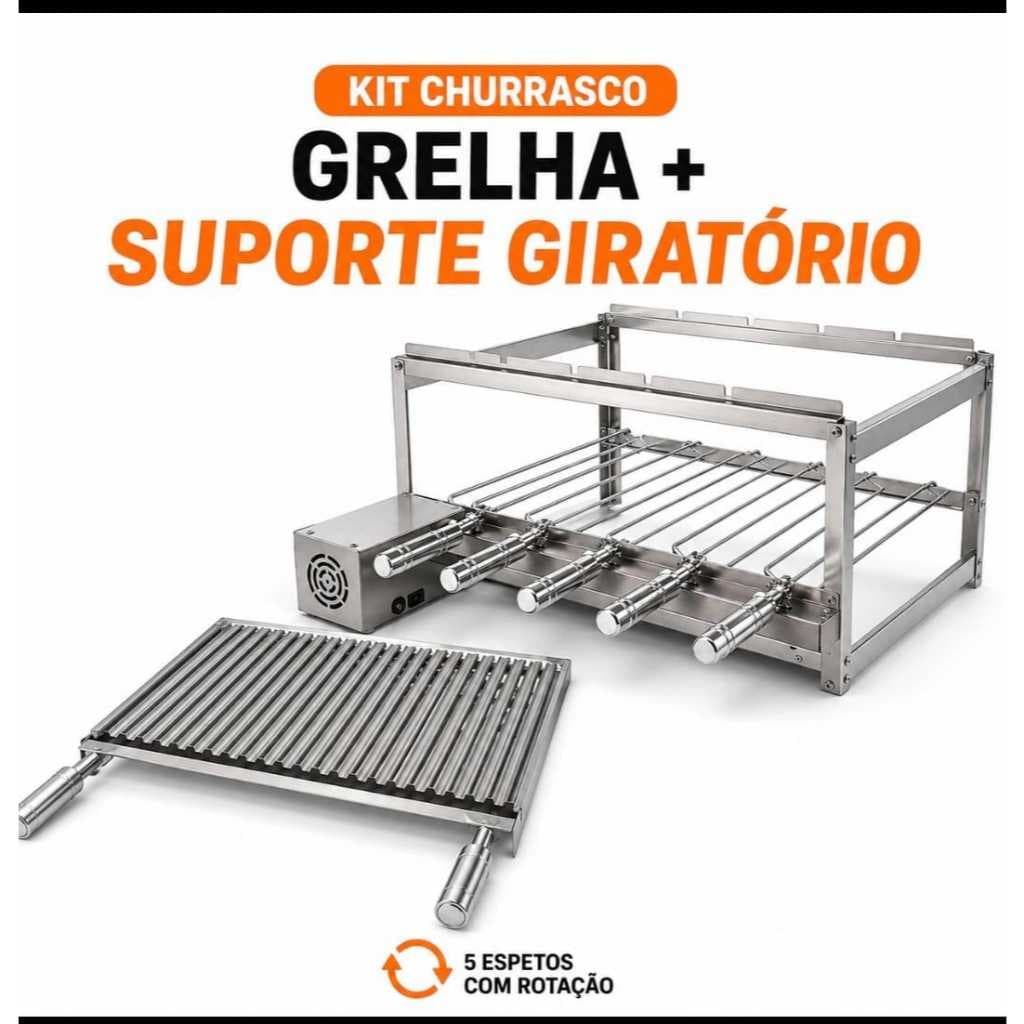 Churrasqueira Gira Grill Elétrico 5 Espetos 100% Inox + Grelha Argentina 60x50