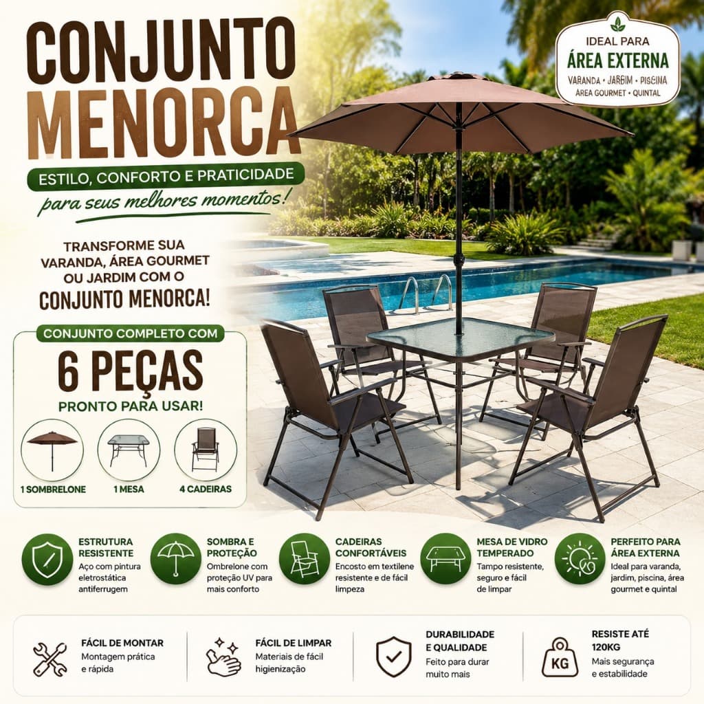 Conjunto de Mesa e Guarda-Sol Acapulco com 4 Cadeiras para Jardim Bege Marrom