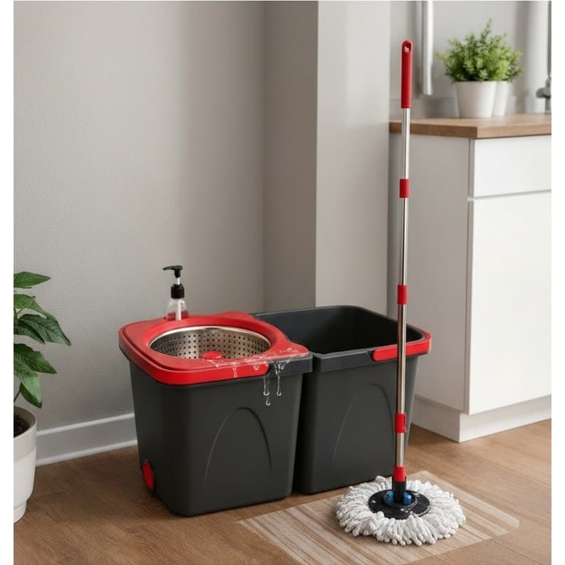 Mop Giratório Duo 360° Powermaid Balde Duplo Centrífuga Aço Inox Limpeza Prática Pisos Frios Sintéticos Madeira