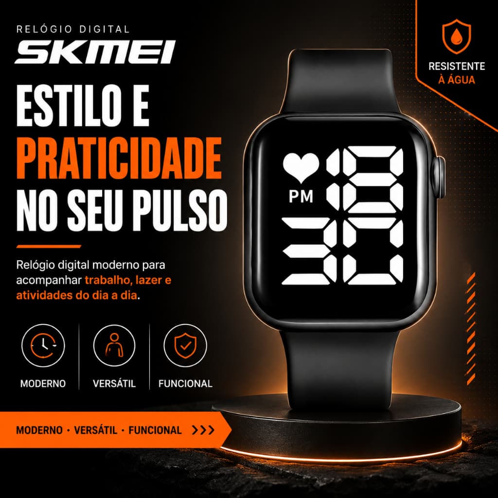 Relógio Digital SKMEI Preto Resistente à Água Esportivo com Cronômetro, Alarme e Luz LED