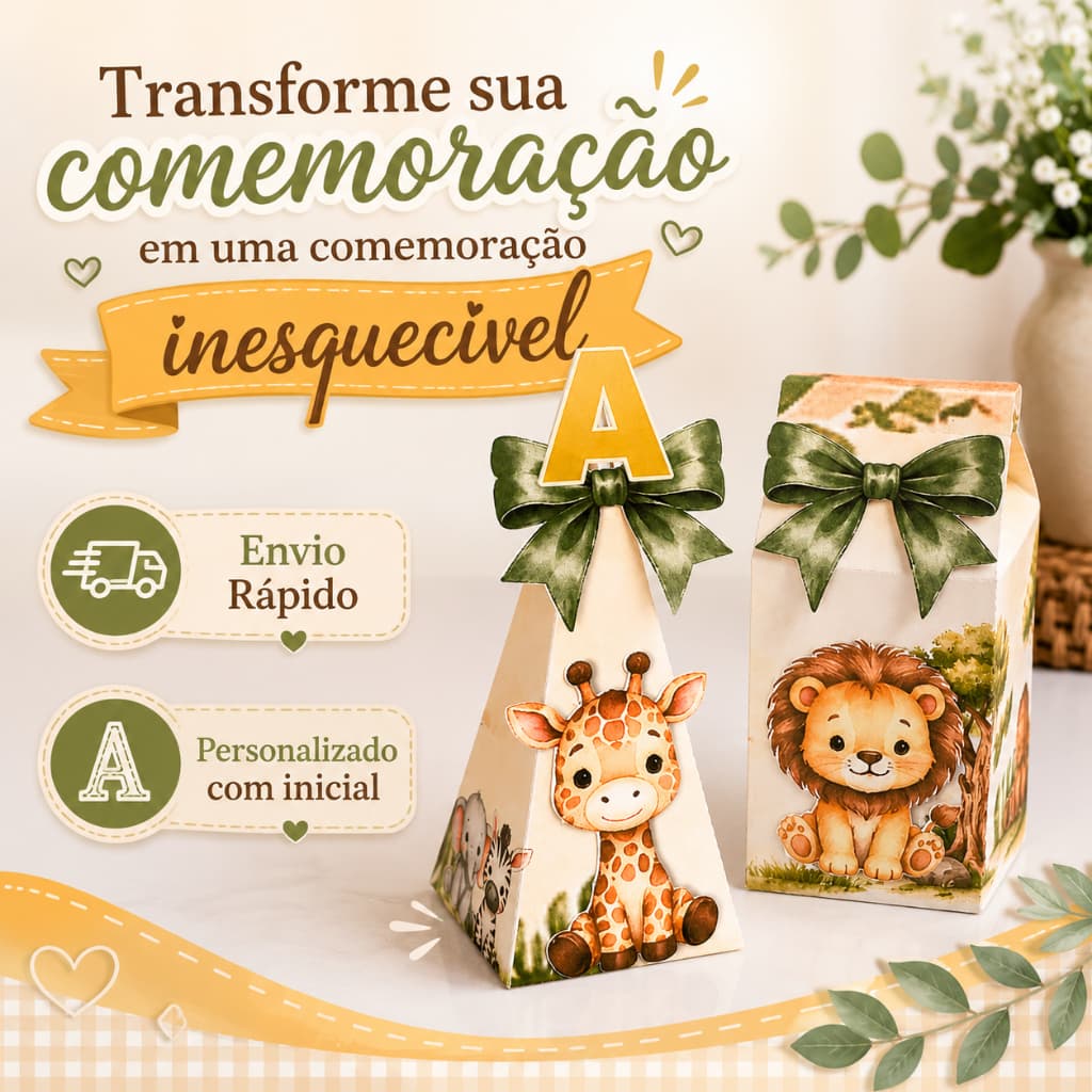 Kit 10/20 caixinhas personalizadas(milk e pirâmide) Safari