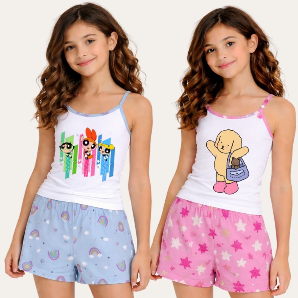 Kit 2 Pijamas Menina Sortidos Baby Doll Short Doll Roupa De Dormir Fresquinho Confortável
