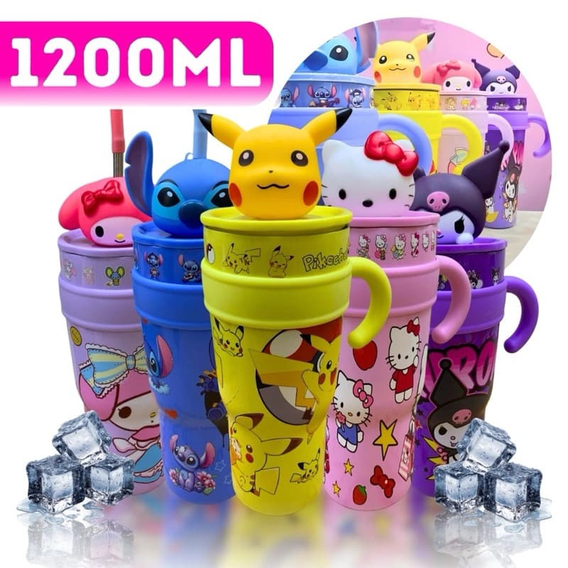 Copo Térmico 1200ml Inox Com Canudo E Alça Garrafa Térmica Infantil