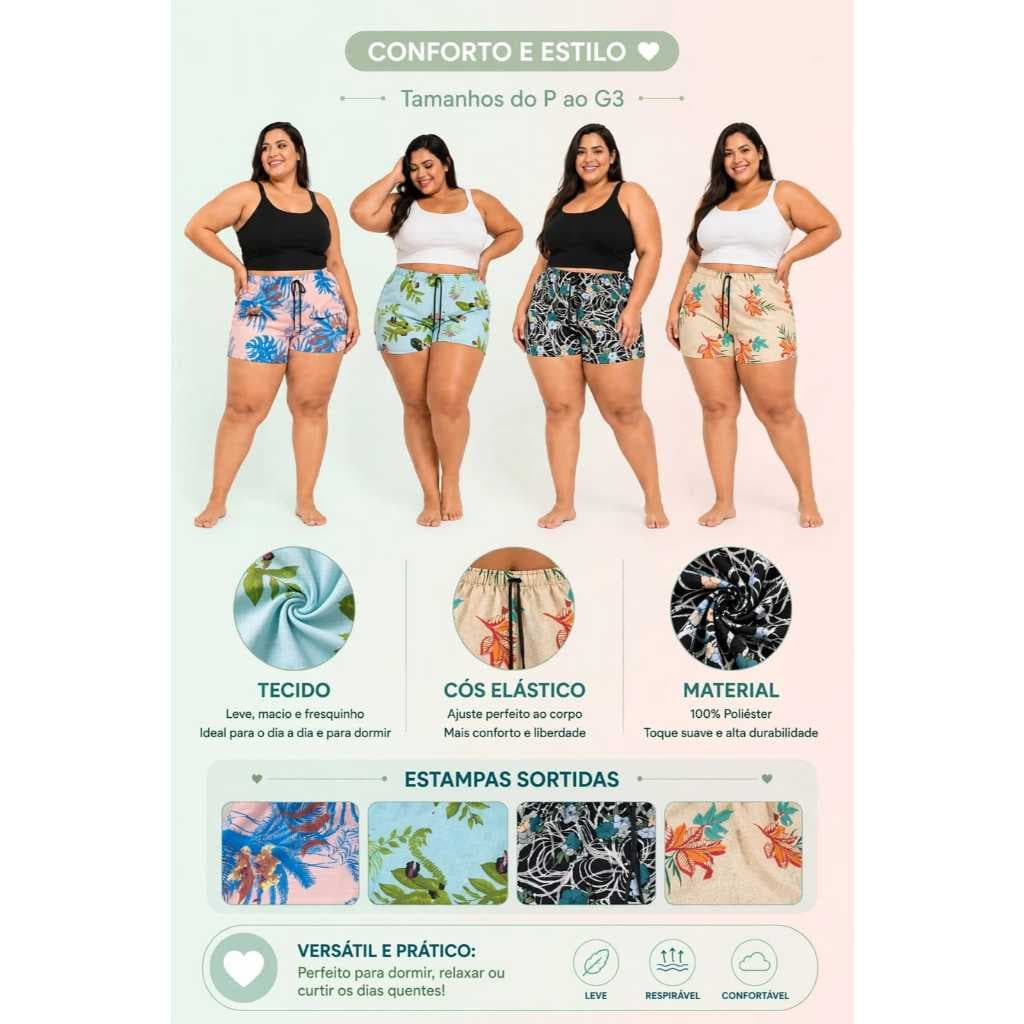 kit de 05 Shortinhos Plus Size Novas Cores Sortidas Ideal para dia a dia Elástico na Cintura