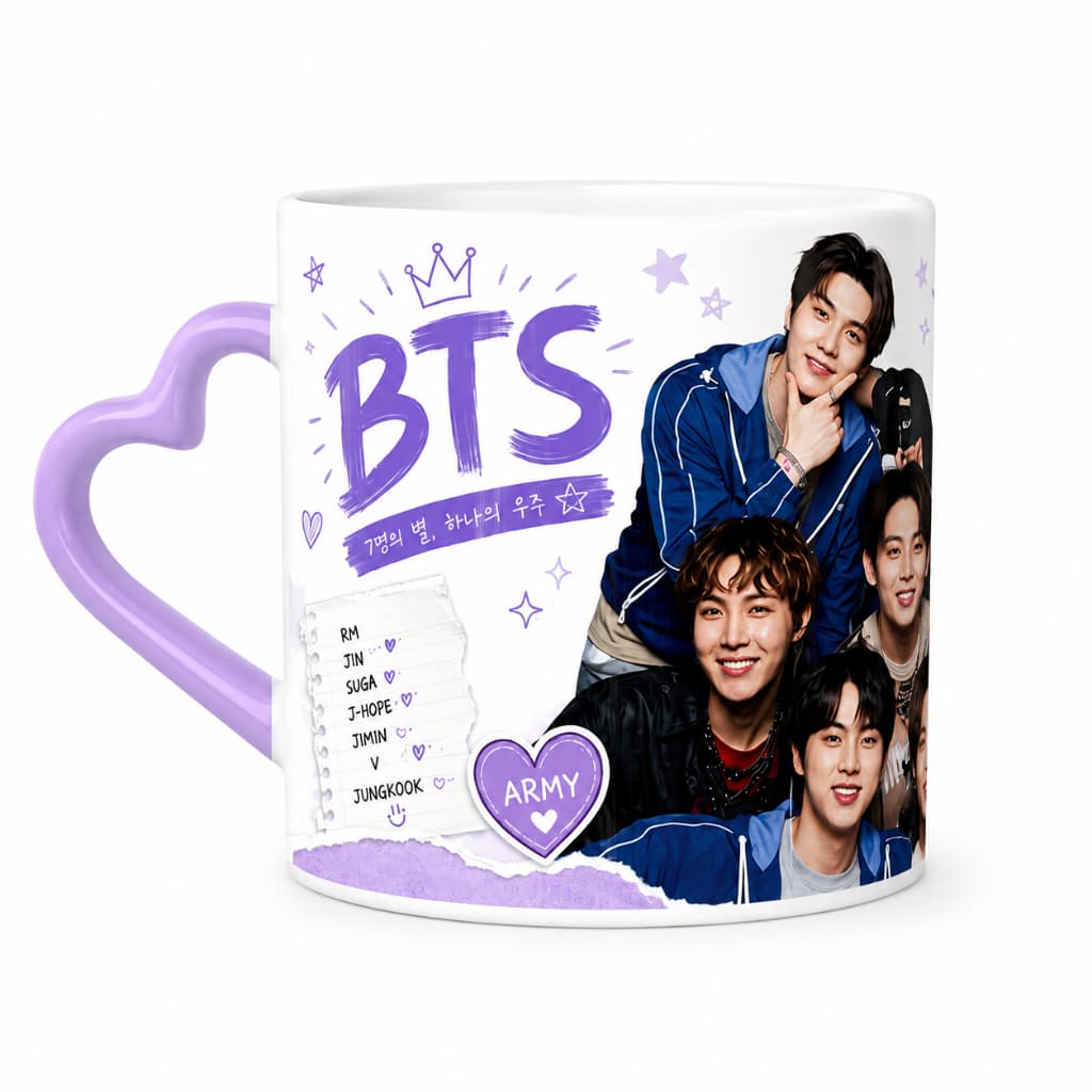 Caneca BTS com Alça Coração Lilás 325ml | Cerâmica Personalizada | Presente para Fãs de K-pop