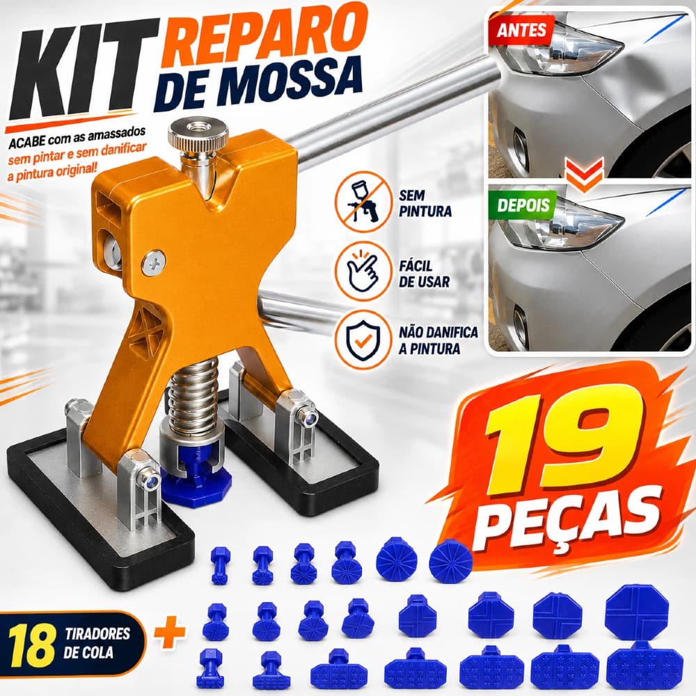 Kit 19 Peças Ferramentas para Reparo de Mossa Sem Pintura Inclui Martelo de Tubarão e Repuxador – Pronta Entrega