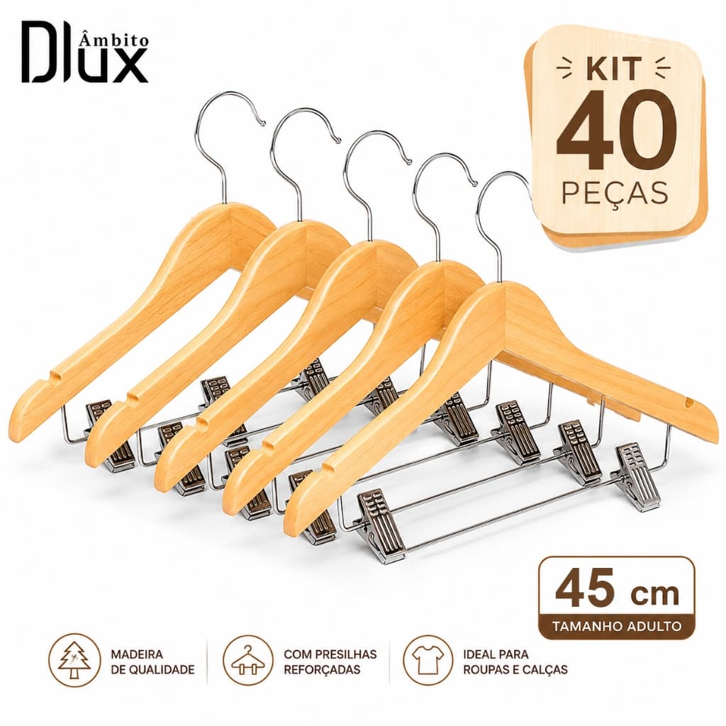 Ambito Dlux Kit 40 Cabides De Madeira Adulto 44cm Com Presilhas Antiderrapantes Para Roupas