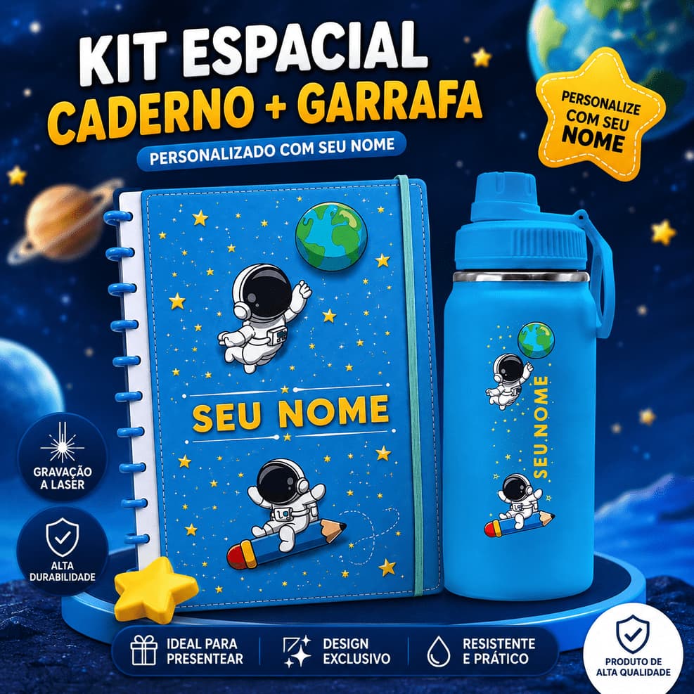 Kit Escolar Infantil Caderno Inteligente + Garrafa Fresh 350ml Personalizada com Nome | Tema Astronauta Inox