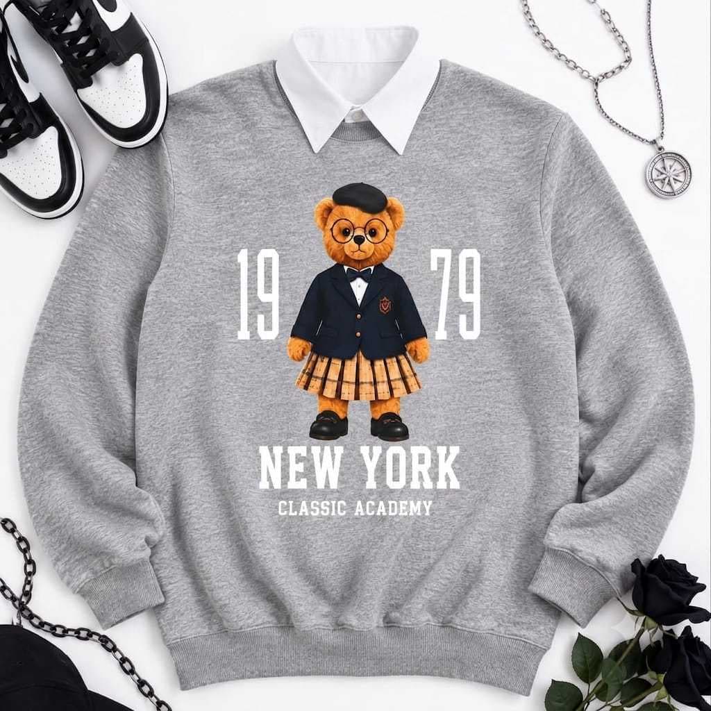 Moletom feminino gola careca estampa urso fofo em algodão blusa de frio sem capuz delicado quentinho