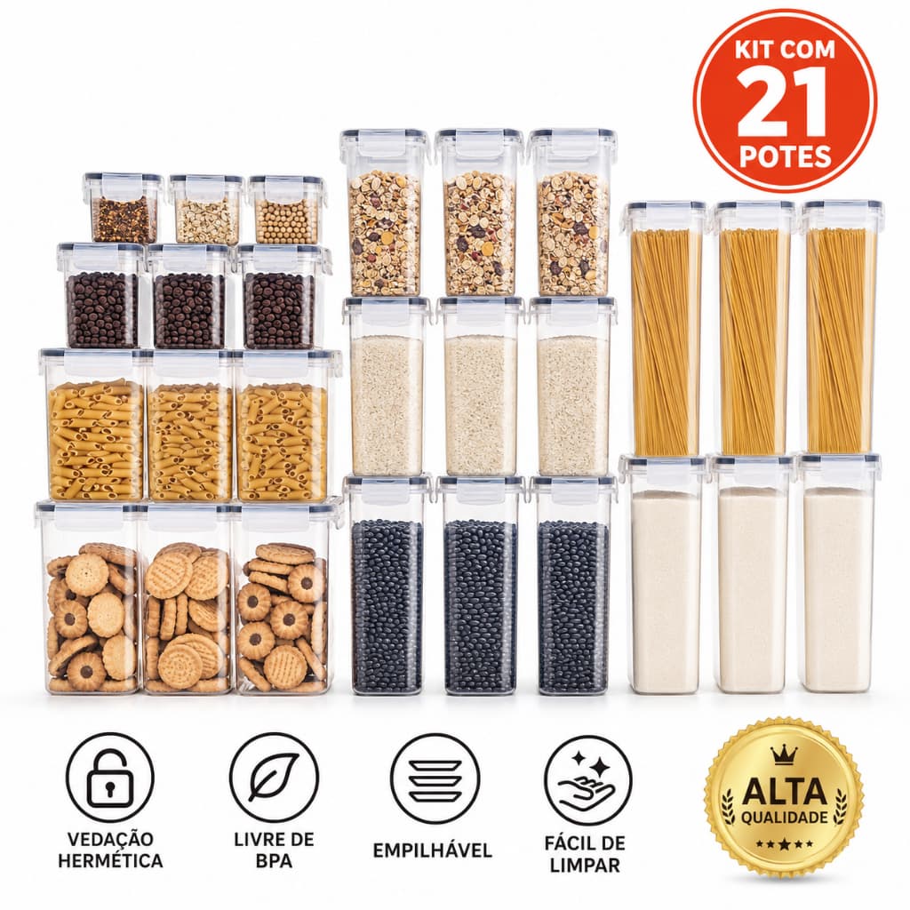 Kit 21 Potes Herméticos Quadrados Empilháveis Organizador Mantimentos Cozinha Despensa