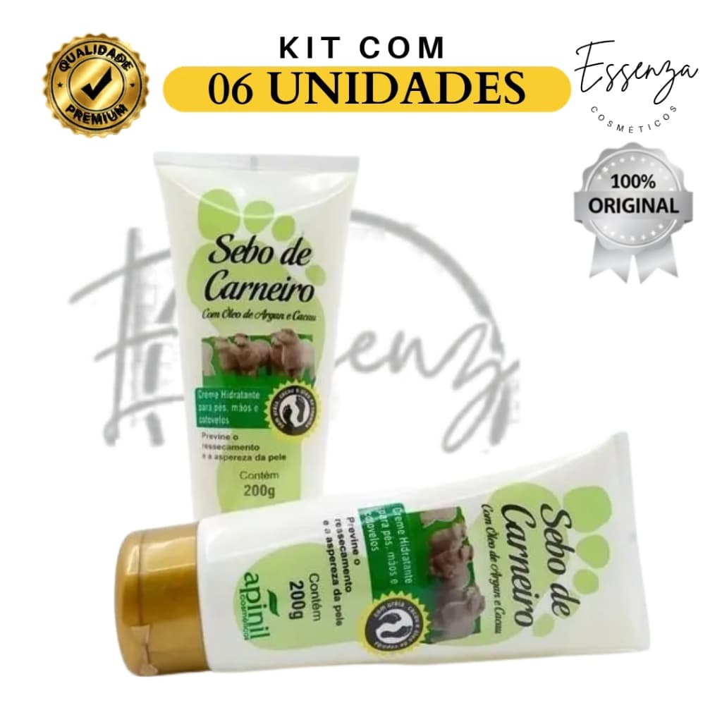 06 UND Creme Hid. Sebo De Carneiro Bisnaga Apinil 190g - ÓLEO DE ARGAN E CACAU Para Pés e Mãos