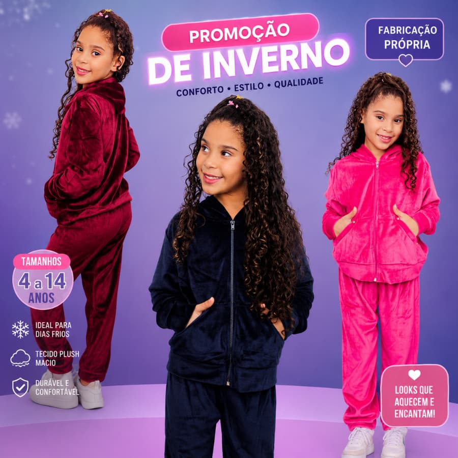 Conjunto Infantil Juvenil Menina Feminino Agasalho  Calça+Blusa no Tecido Plush Veludo 4 a 14 para Dias de Frio