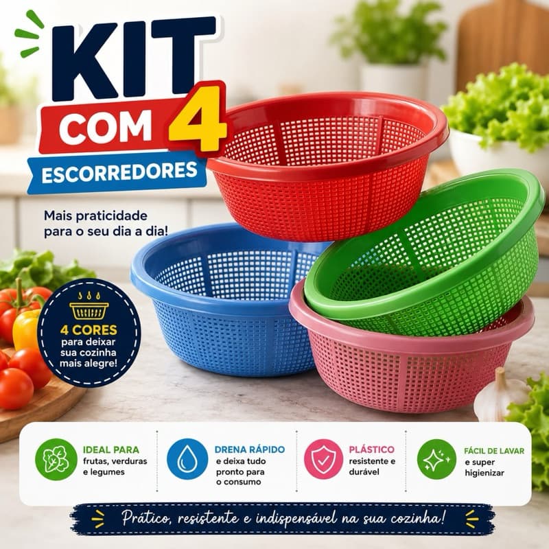 Kit 4 Escorredores Multiuso Lava Tudo – Arroz, Macarrão, Frutas