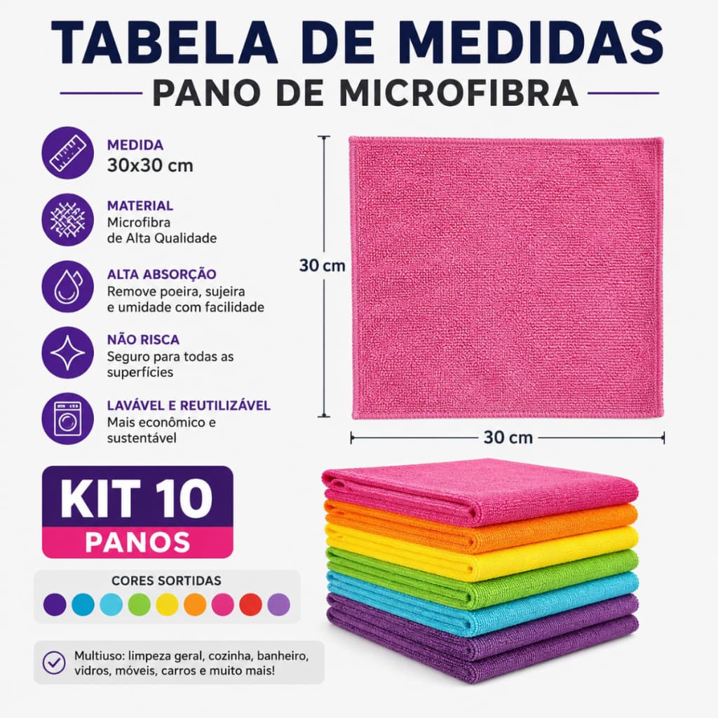 Kit 5 Peças Panos de Limpeza Microfibra Multiuso Para Casa Cozinha e Carro Medidas 30 x 30 - Envio Imediato !!!