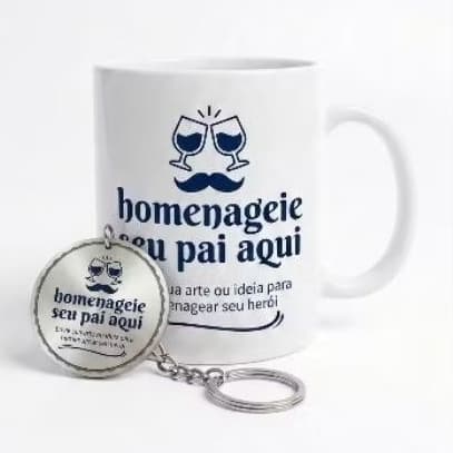 Kit Dia Dos Pais Caneca Personalizada 325ml + Chaveiro MDF Dupla Face 5x5 - Sua Arte Aqui