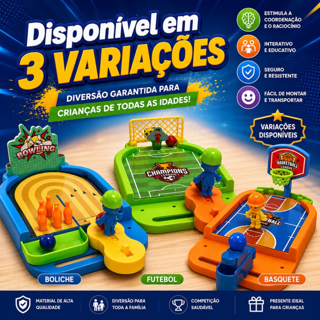 Brinquedo Infantil de Mesa com Lançador Basquete Futebol ou Boliche Educativo