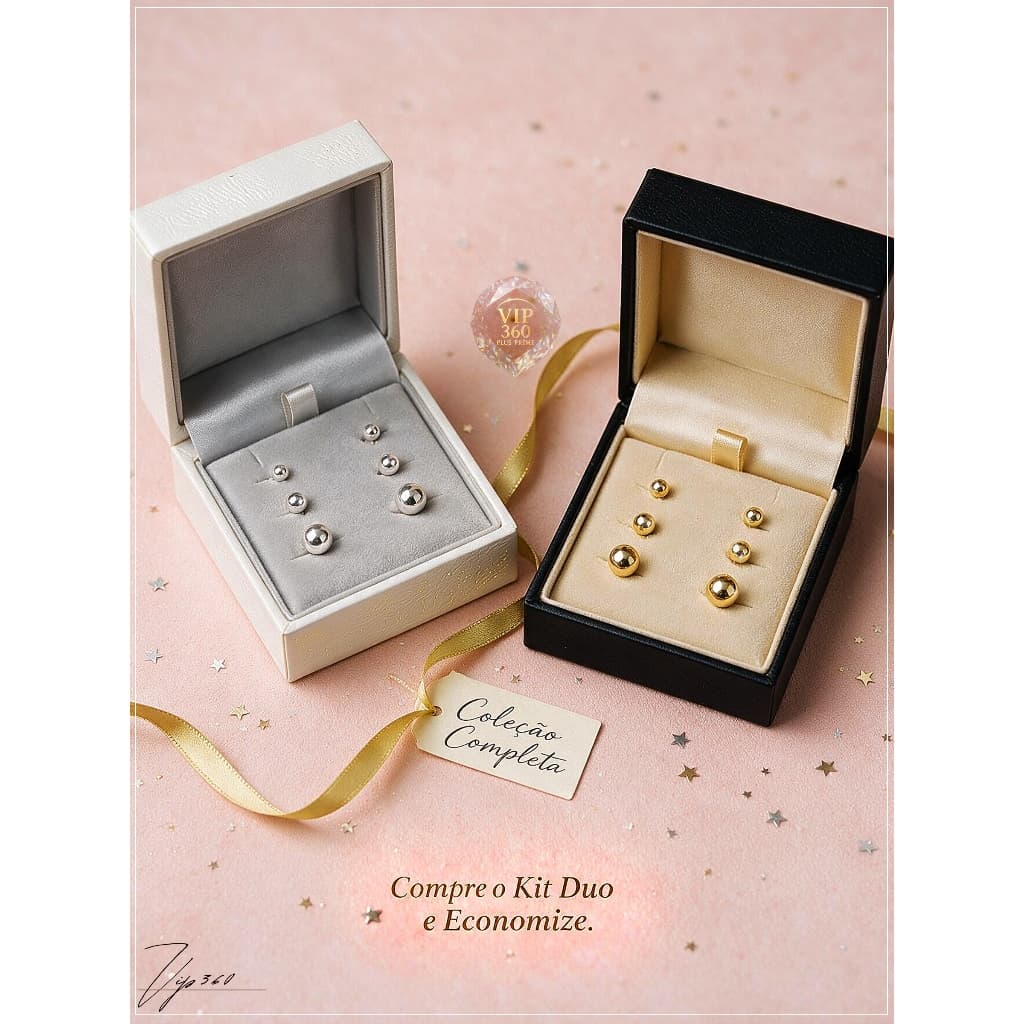 Trio Brinco Bolinha Feminino Folheado Ouro 18K ou Prata 925 3 Pares 4 5 6mm