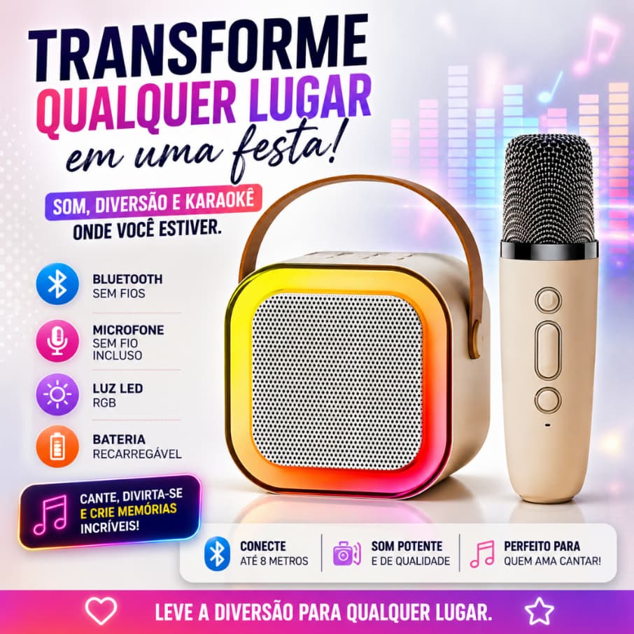 Caixa de Som Bluetooth Karaokê Portátil LED Com Microfone K12 - (Cores Sortidas)