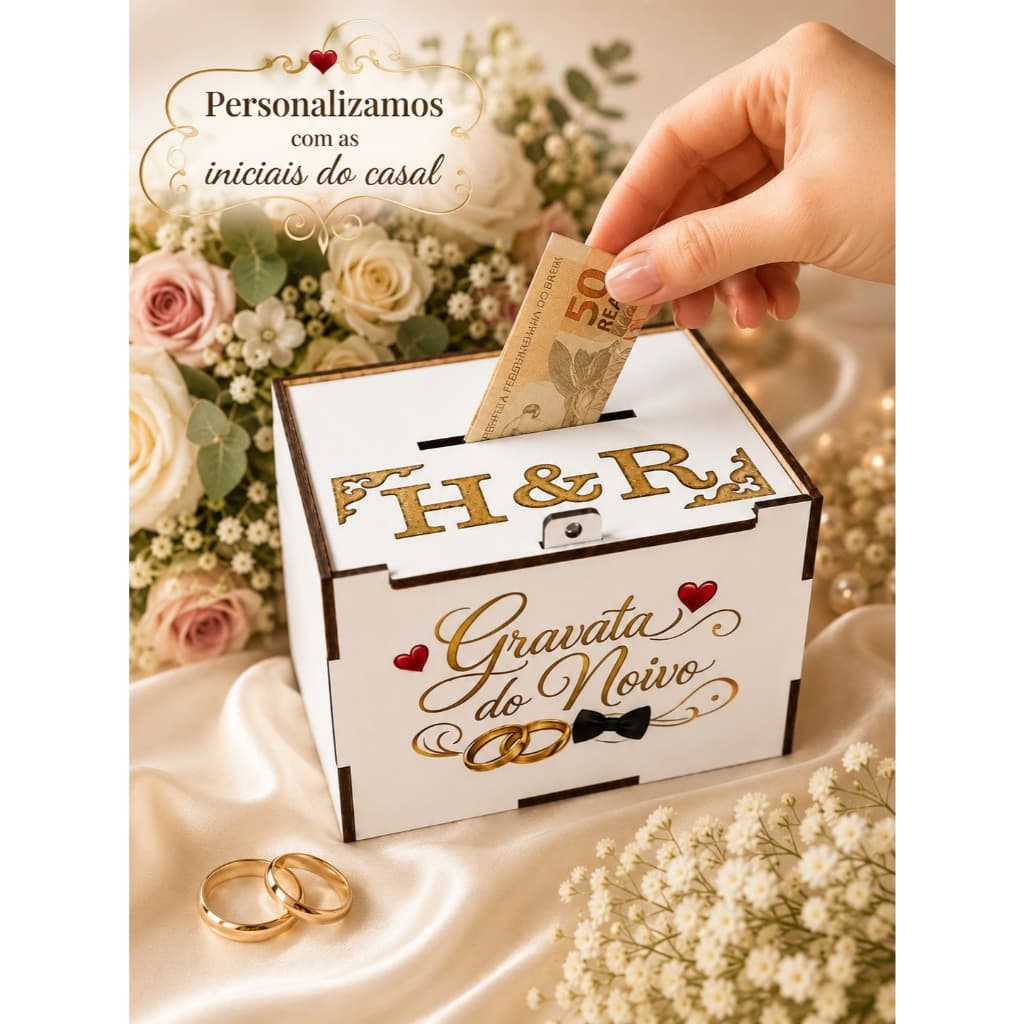 Caixa Pix dos Noivos Personalizada Casamento MDF | Caixa Lua de Mel | Gravata do Noivo | Sapatinho da Noiva | Cofrinho