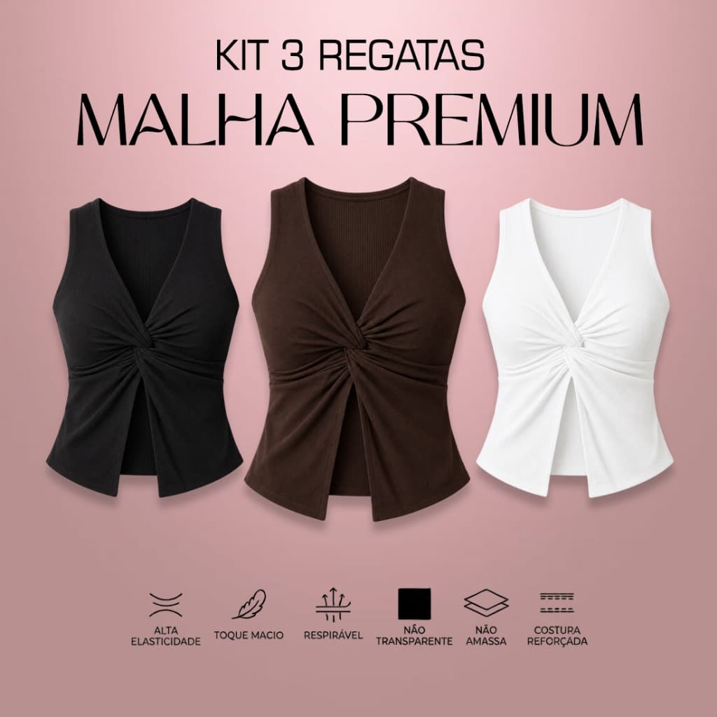 Kit 3 Regatas Femininas Caneladas Premium Decote V Torcido Regata Básica Casual Elegante Alta Elasticidade