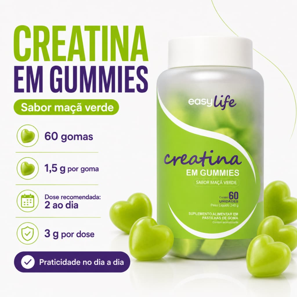 Creatina em Goma Mastigável | 60 Unidades | Maçã Verde | Suplemento Alimentar 3g por Dose, Sem Lactose e Sem Glúten