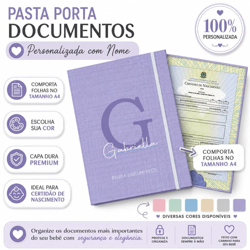 Pasta Porta Documentos Personalizada A4 com Nome | Certidão de Nascimento | Organizador de Documentos Bebê Infantil