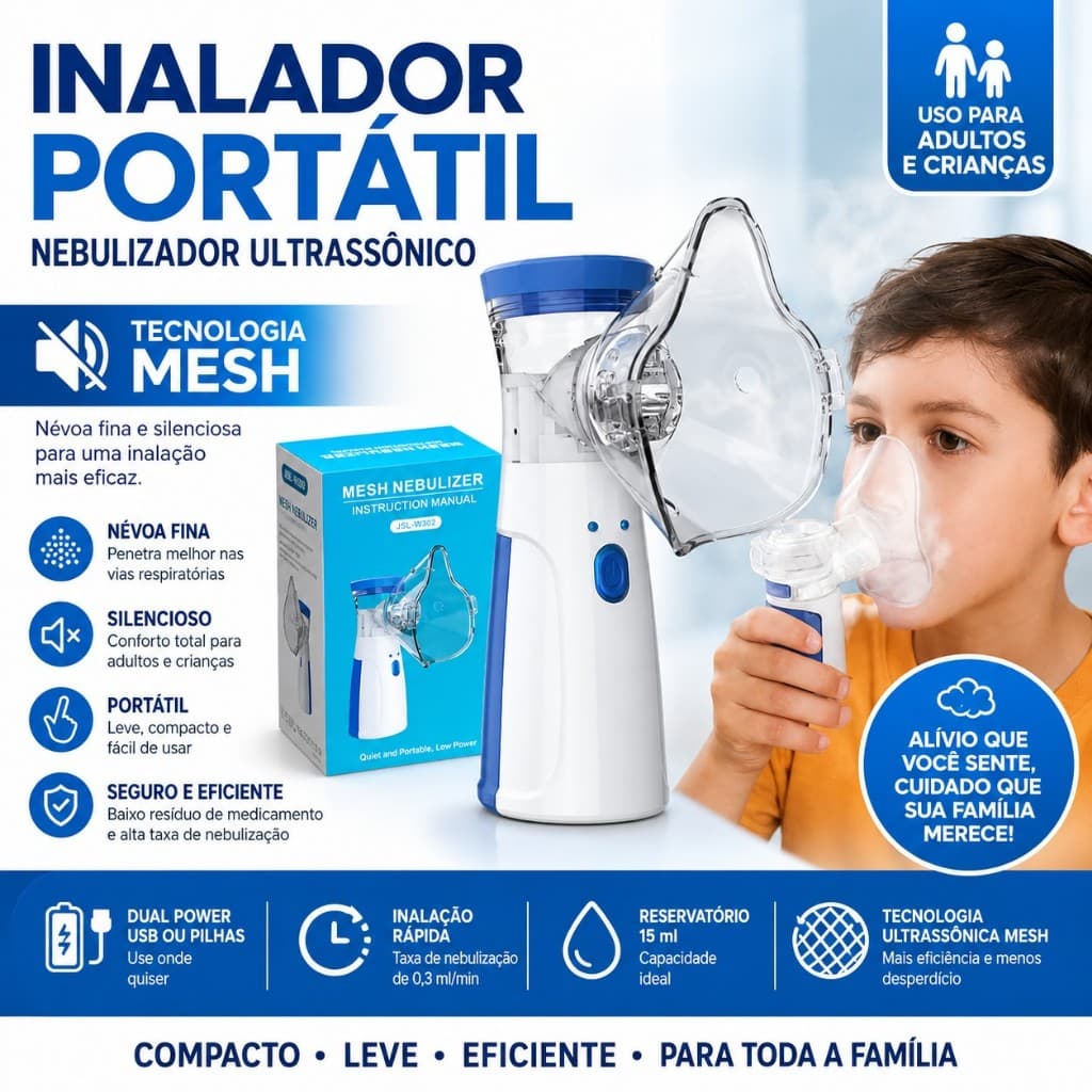 Inalador Portátil Nebulizador Ultrassônico Mesh Adulto Infantil Silencioso USB para Asma Rinite