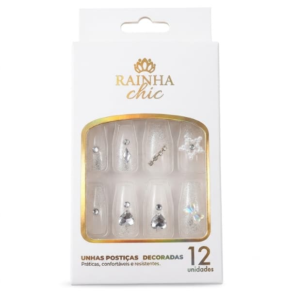 Kit Unha Postiça Profissional 12 Unidades Modelos Decoradas - Rainha Chic Manicure Nail Art Design