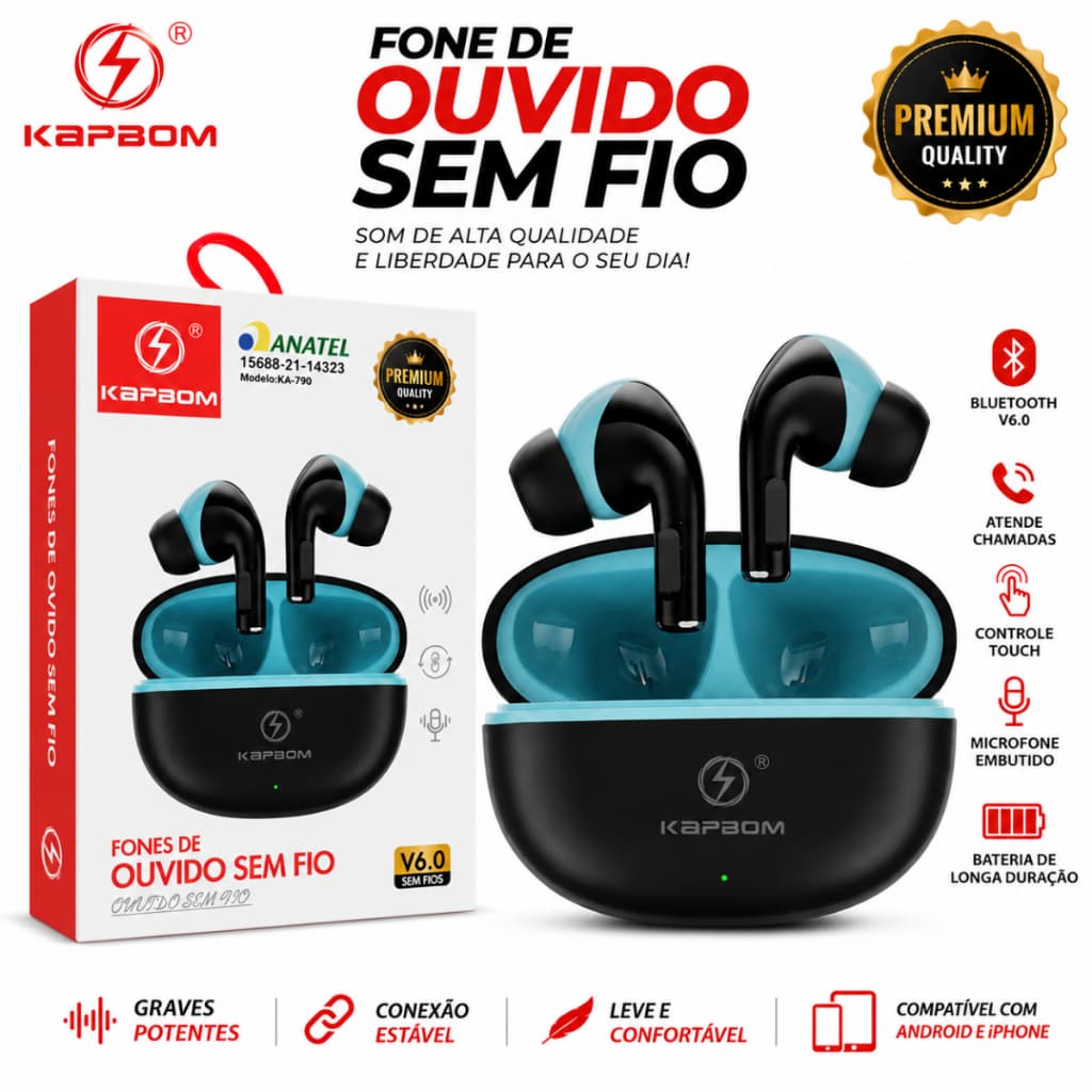 Fone Bluetooth Sem Fio Kapbom KA-790 TWS Graves Potentes Microfone HD Pronta Entrega Envio Imediato