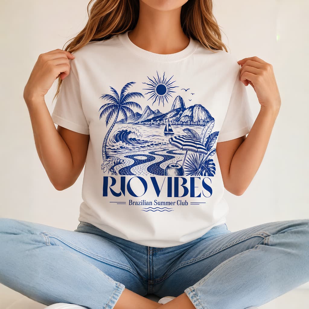 Camiseta Feminina Rio Vibes Estampada Praia Rio de Janeiro Algodão Premium Verão Casual