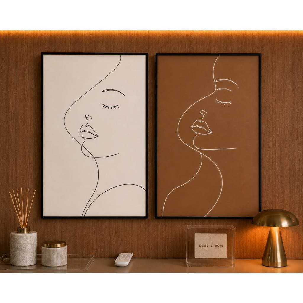 Kit 2 Quadros Decorativos Abstratos Line Art Minimalista Bege e Terracota para Sala