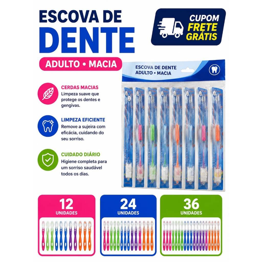 kit com 12, 24 e 36 Escovas De Dente Infantil - Escova Dente Kids - Cores Sortidas - Cerdas Macias