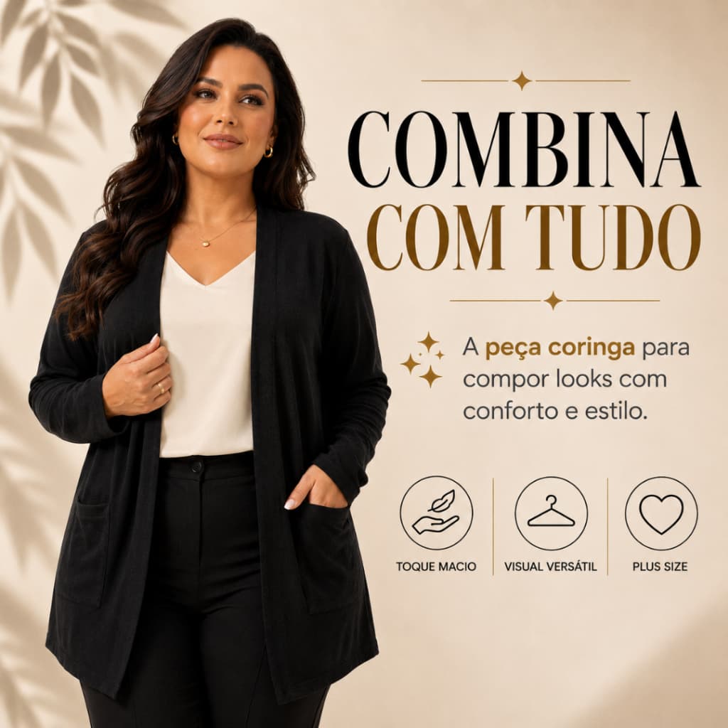 Cardigan Feminino Plus Size em Lanzinha com Bolsos Confortável