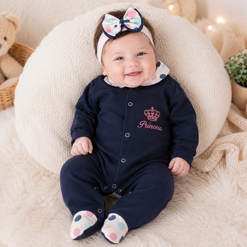 Conjunto Menina 02 Peças Macacão Bordado Princesa Com Faixa De Cabelo Roupa Para Bebê Azul Marinho