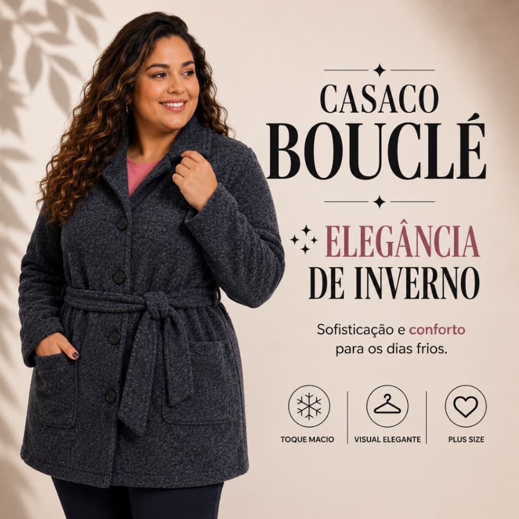 Casaco Feminino Plus Size Longo Bouclé Peluciado com Faixa e Bolsos