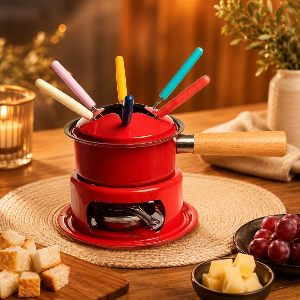 Kit Fondue 11 Peças Vermelho com Garfos Coloridos Aparelho para Chocolate e Queijo