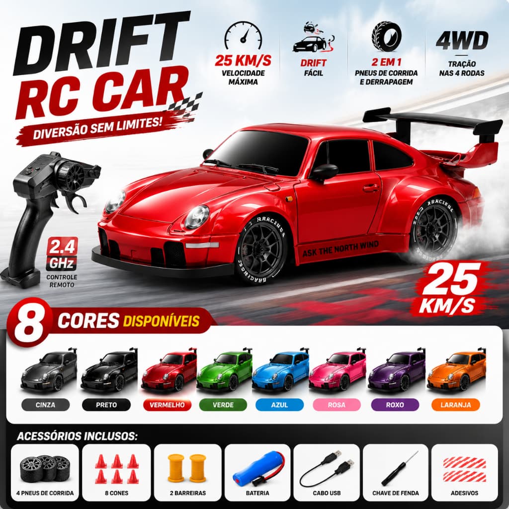 Carro De Controle Remoto 4wd Drift Porsche 911 Luzes Led, Modos Profissionais, Design Futurista