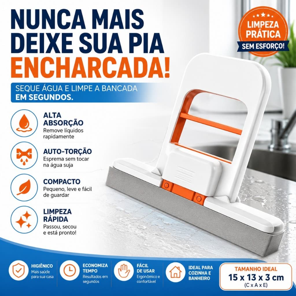 Mini Mop Absorvente para Pia e Bancada Auto Torção Rodo Esponja PVA Portátil Limpeza Cozinha Banheiro