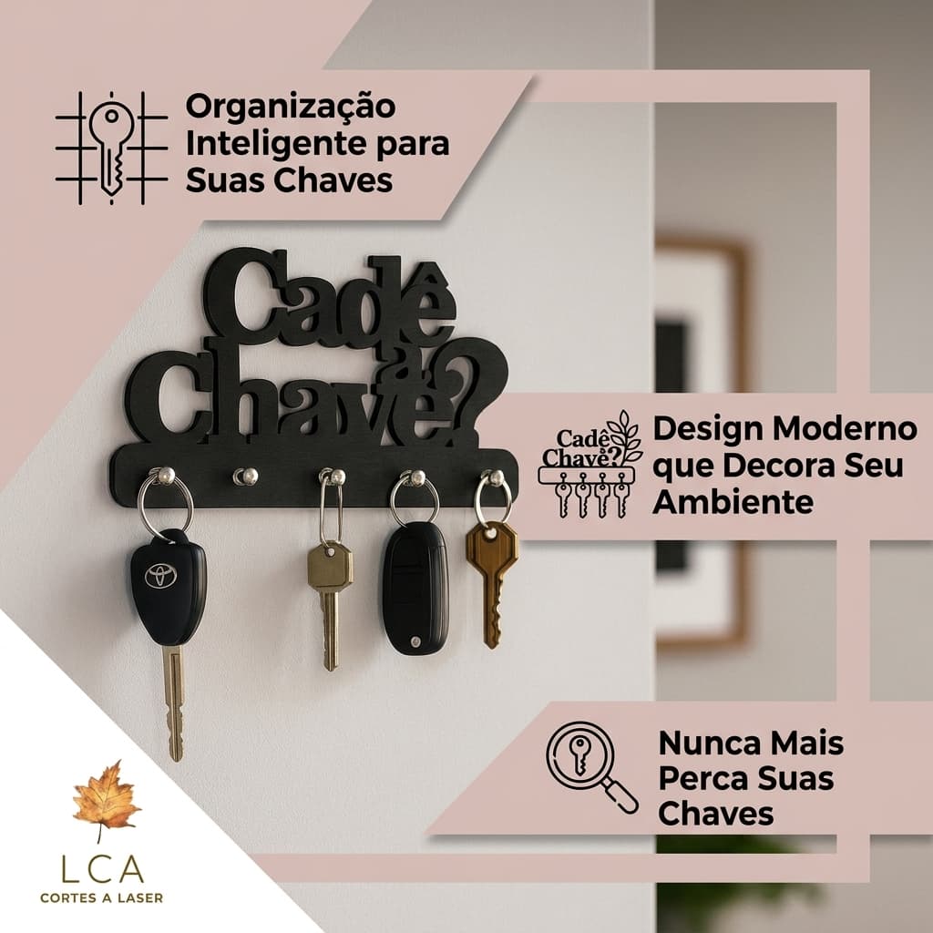 Porta Chaves MDF Preto 15cm x 25cm 5 Chaves decoração parede