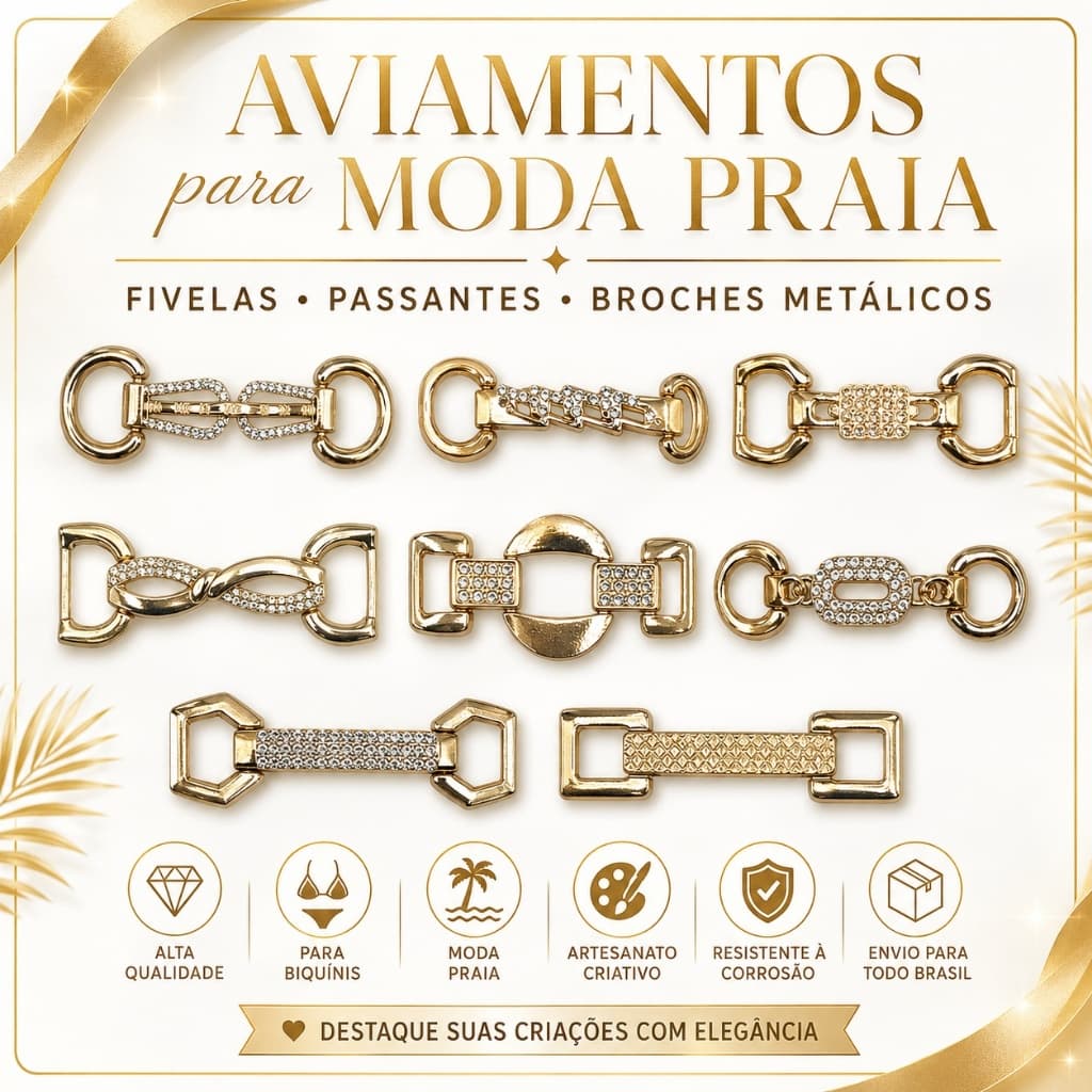 Fivelas para Biquíni Passantes Broches de Metal e Strass Aviamentos para Moda Praia
